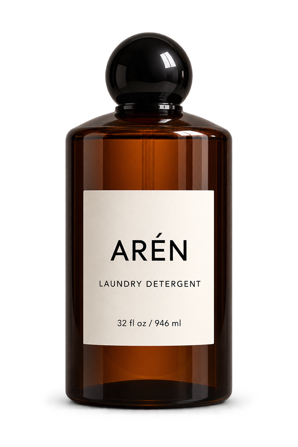 ARÉN Laundry Detergent in a dark amber bottle with a black spherical cap